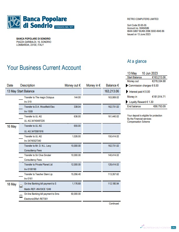Download Banca Populaire di Sondrio Business Bank statement Word and PDF template Photoshop template